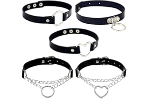 Huture 5 Stück PU Leder Halskette Damen Halskette Set Punk Rock Choker Herz Leder Kragen Kropfband Kette Spike Leder Kragen Einstellbar Halsband Schwarz Choker Gotik Collar Halsreifen für Frauen