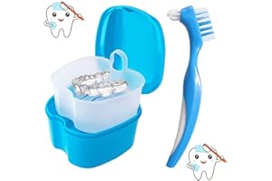 DILIGHTNEWS Dentadura postiza caja de viaje, Caja para aparatos ortodoncia, con cesta de enjuague, Dientes postizos de dos cabezas, Caja de almacenamiento de dentaduras postizas para limpieza de dientes (Azul)