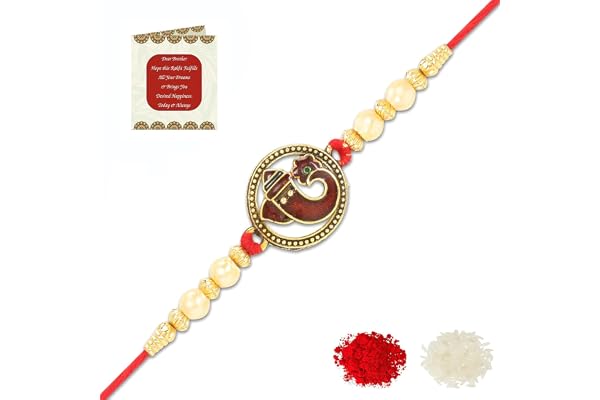 Riddhika Ventures Religious Gold Plated Meenakari Sacred Ganesha Rakhi with Roli Chawal and Greeting Card (G2)
