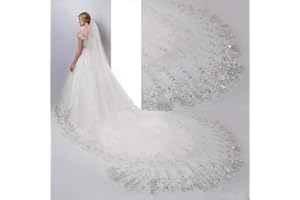HHVEIL 4 Meter Ivory/White Bridal Veils with Lace Applique Edge Tulle Bling Sequins 1 Tier Long Cathedral Veil Wedding Accessories With Comb