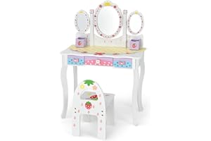 Costway zestaw toaletkowy dla dzieci, toaletka księżniczki z składanym lustrem, taboretem i 3 szufladami, toaletka do makijażu i komoda do fryzurowania dla dziewczynek (Biały)