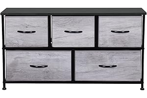 Requena Wide Chest of Drawers with 5 Drawers and Wood Top, Large Storage Space, Easy to Install Room Organizer for Bedroom, Living Room, Nursery (CD-206-GREY-BLK)