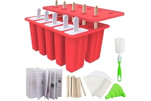 MIAOWOOF Homemade Ice Lolly Mould Popsicle Mold Cream, Food Grade Silicone Frozen Ice Pop Maker -BPA Free, with 50 Popsicle Sticks,50 Popsicle Bags, Funnel,Recipe(10 Cavities)