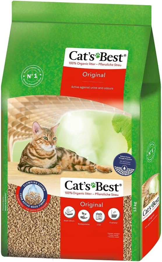 Cat's Best Arena Gatos Aglomerante EcoPlus 40L (17,2 kg). Tierra para Gatos de Hasta 7 Semanas de Uso. Arena Biodegradable de Fibra Vegetal Ecológica