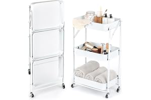 NTEK White 3 Tier Foldable Storage Trolley Cart | Foldable Rolling Carts | Trolley with Locking Wheels