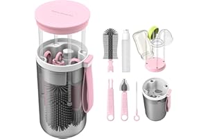 GECIC 6 in 1 Baby Cleaning Set Travel Bottle Brush Silicone, Baby Bottles Drying Rack Travel Baby Bottles Nipple Brush, Baby Bottle Cleaner on the go, Straw Cleaning Brush, Soap Dispenser, Pink