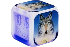 NICOLE KNUPFER Wolf Wecker Kinder Wecker LED Night Nachttischwecker Quadrat Beleuchteter LCD Uhr Wake Up Wecker Geschenk Muster Wolf (#12)