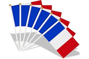 AhfuLife Klein Frankreich Flagge, 15 Stück Französische Mini Handgehaltene Flaggen mit 30cm weißem Pole für 2025 Damen Fußball EM Eurovision WM Olympische Party Zuhause Garten Bar Deko（14×21 cm-10m）