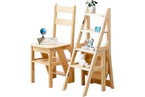 RIBANEDY Sgabello a Scala Pieghevole 3-in-1 in Legno Massello, Sgabello Convertibile e Supporto Espositivo, Scala Multi-funzionale a 4 Ripiani, per Casa, Cucina, Biblioteca, Capacità 150kg (Color legno)