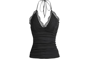 GORGLITTER Damski top Y2k Camisole na ramiączkach Crop Top wiązany na szyi top top z kontrastową koronką