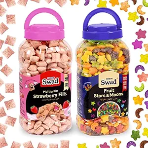 Swad Fruit Stars N Moons & Strawberry Fills (Multigrain Unicorn Colorful Breakfast Cereal Kids) 2 Jars, 695 g