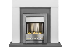 Adam Dakota Fireplace in Pure White & Grey with Helios Electric Fire in Brushed Steel, 39 Inch