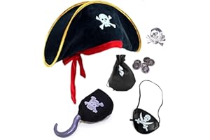 AYNKH 5 Pièce pirate accessoires de vêtements, chapeau de Pirate, masque de crâne, crochet en tissu pirate, portefeuille noir, bague pirate pour Halloween fête de pirate carnaval