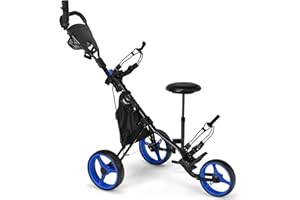 COSTWAY Carrello da Golf Pieghevole con 3 Ruote, Trolley da Golf Altezza Regolabile di Alluminio con Sedile, Porta Ombrello e Porta Bevande