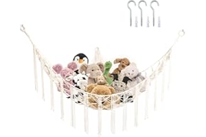 DBTW Filet en Macramé d'angle de Rangement Bohème, Hamac en Peluche Suspendu de Jouets, Support en Maille de Peluches avec Crochets pour Chambre d'enfant Crèche Chambre à Coucher
