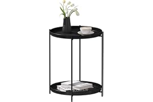 WOLTU Tavolino Salotto Rotondo, Tavolino da Divano con 2 Ripiani Rimovibili, Tavolino Basso, Comodino, Tavolino Laterale per Soggiorno, Camera da Letto, in Metallo, Nero, BTS17sz