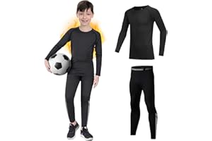 GIYIM Kids Base Layer - Fleece Lined Athletic football skins, Warm Football Skins Long Sleeve Top and Leggings Compression Set, Reflective Line Thermal Underwear for Biking, Ski & Running