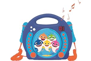 Lexibook- Pinkfong Baby Shark Nickelodeon-Lecteur CD Karaoké avec 2 Microphones, Fonction de Programmation, Prise écouteurs, pour Enfant,Secteur ou Piles, Bleu/Orange, RCDK100BS