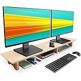 Aothia Large Double Monitor Stand Riser, étagère de bureau en bois massif avec pieds en liège écologique pour ordinateur port