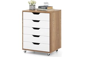 COSTWAY Kontener na kółkach z 5 szufladami, mobilna szafka na dokumenty z kółkami, kontener biurowy, szafka z szufladami, szafka na kółkach, komoda z szufladami do domu, biura (kolor naturalny)