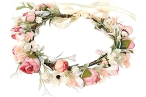 ‎HUALISIJI HuaLiSiJi Blumenkrone Haarkranz Boho Blumenkranz Rose Floral, Schön Gearbeitet der Blumenkrone, Individuell Einstellbar Durch Ein Band (Rosa)
