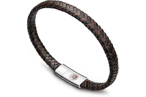 Casisto.J Bracelet Homme - Bracelet Cuir Homme Manchette tressé à la Main Classique Noir et Brun avec Fermoir magnétique gravé Cadeau Bijoux Gratuit en boîte