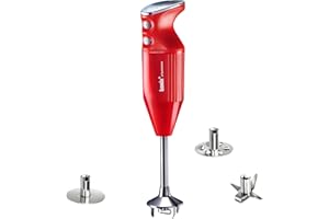 bamix M250 PRIME Zestaw blendera ręcznego z nożem wielofunkcyjnym, Trzepaczką, Tarczą ubijającą ze stali szlachetnej, 250 W, 2-stopniowy, Szwajcarski, Czerwony/Chrom
