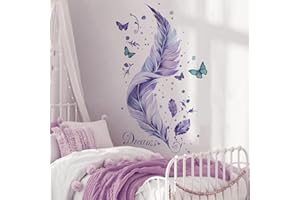 Runtoo Calcomanía de pared de plumas de mariposa morada, calcomanías artísticas de plumas para ventana, para dormitorio, sala de estar, decoración del hogar