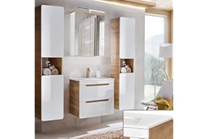 Lomadox Badmöbel Komplettset, Hochglanz weiß mit Wotan Eiche Nb., 61 cm Keramik-Waschtisch & LED-Spiegelschrank & 2 Hochschränke