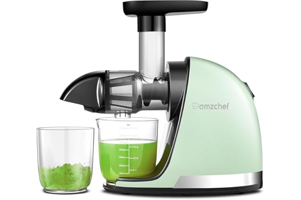 AMZCHEF Extracteur de Jus de Fruits et Légumes - Extracteur Jus à Froid sans BPA avec 2 Tasses et Brosse - Fonction de Mastication Inversée pour Éviter les Blocages - Vert