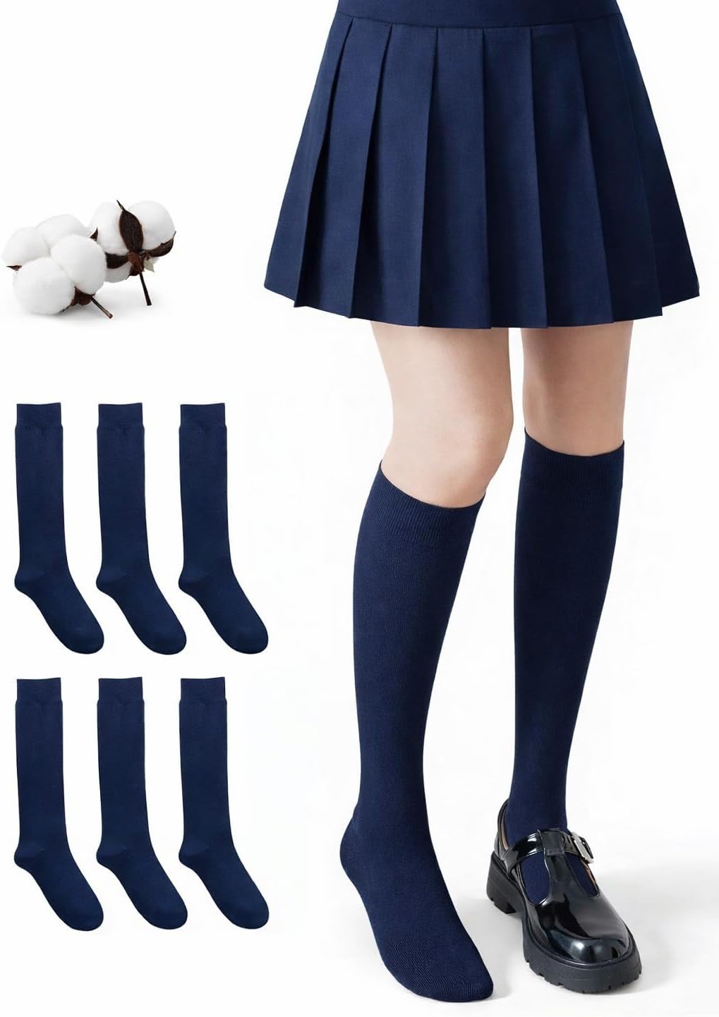 CYS Calcetines 6 Pares De Colegio Escolares Medias Largos Altos Algodón Hasta rodillas Lisos Para Niñas Niños Infantiles Uniformes Unisex