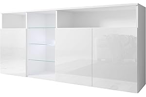 MB Muebles Bonitos, Aparador Clark con 3 Puertas para Salón con Luz LED, Mueble Moderno de Melamina Brillo, Color Blanco, 150x72x35 cm