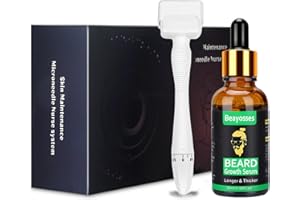 BEAYOSSES Einstellbarer Microneedling Derma Stamp - 140 Titanium Pins Professioneller Microneedle Dermapen für Haar, Bartroller für Haarwachstum für Männer, Und 30ml Bartöl-Serum,stimuliert Bart (schwarz)