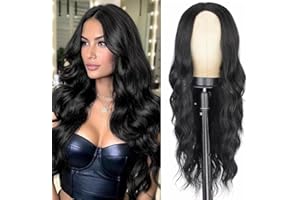 PORSMEER Pelucas mujer cabello natural peluca larga Ondulada negra, peluca de parte media sintética con rayita natural 26 pulgadas