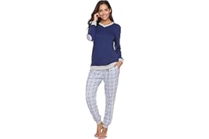 Nieery Pijamas Mujer Algodón Invierno Manga Larga Set Camiseta Cuello V y Pantalones Lunares Comodo Conjuntos para Hogar Suave