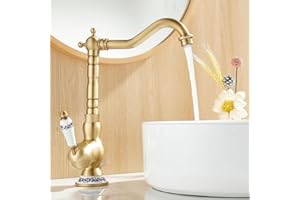 Maynosi Miscelatore per Lavello da Cucina Tradizionale, Rubinetti in Ceramica Vittoriana con Rubinetto Girevole 360°, Rubinetti Vintage e Classici per Cucina o Bagno, Includere tubi, Ottone Antico