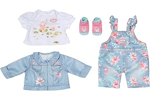 Baby Annabell Active Deluxe Ensemble en Jeans 43 cm – Modèle Floral - pour les Petites Mains, Jeu Créatif Développe l’Empathie et les Aptitudes Sociales, 3 ans + avec 1 Salopette, 1 Veste et +