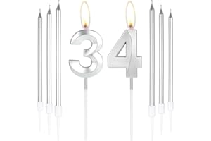 mciskin Silver 34 Birthday Candles-3D Number 34 Candle for Cake with 6pcs Long/Thin Candles Set,Silver Cake Topper for Women Men 34th Birthday Decorations Supplies,34th Wedding Anniversary Décor
