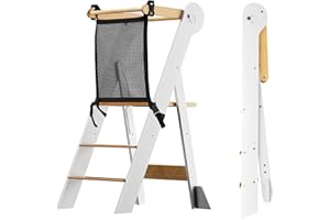 COSYLAND Tour d’Observation Montessori Enfant Pliable – Tour d’Apprentissage Réglable en Hauteur à Partir de 1 an, Kitchen Helper Bébé - Blanc et Naturel