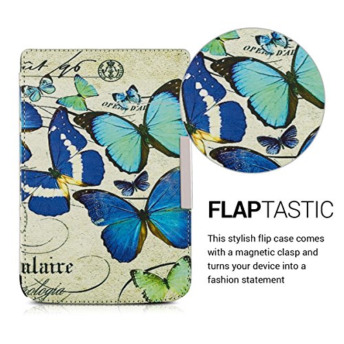 kwmobile Hülle für Pocketbook Touch Lux 3 / Touch Lux 2 – Flipcover Case eReader Schutzhülle – Bookstyle Klapphülle Schmetterlinge Vintage Design Blau Mintgrün Beige - 2