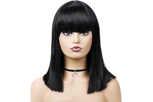 SKHAOVS' Straight Black Wigs with Bangs - Short Synthetic Hair Bobs for Cosplay, Parties, and Halloween; Shoulder Length