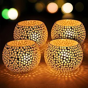 TIED RIBBONS Set of 4 Star Mosaic Glass Votives Tealight Candle Holders - Diwali Decorations Items for Home and Diwali Gifts (Glass, Pack of 4)