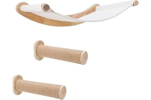 ZESTEFY Katzenhängematte Wandmontage, Kletterwand Set aus Massivholz mit Katzentreppe - Stabiles Katzenbett, Raumsparendes Katzenmöbel für Schlafen, Klettern und Ausruhen (Katzenhängematte+2 Leiter)