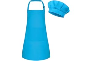 BOUBONI Grembiule e cappello da cuoco per bambini, set di grembiule da cucina regolabile con 2 tasche, cappello da cuoco e grembiule per cucinare e dipingere