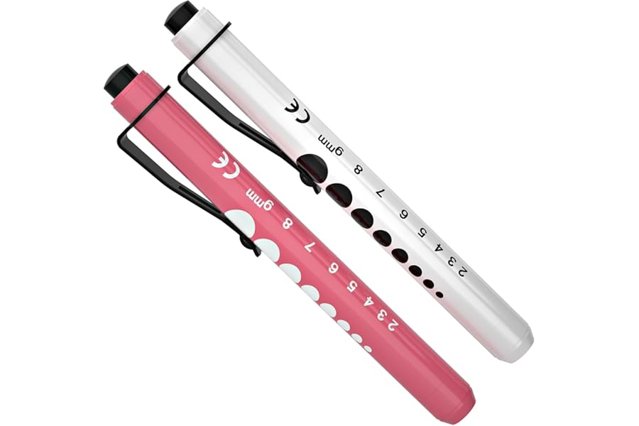 RISEMART 2PCS Pen Torch Light Reusable LED Penlight with Pupil Gauge for Nurses Doctors with Pocket Clip (Pink and White)