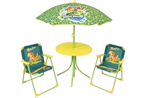 FUN HOUSE 713464 Jurassic World Salon DE Jardin Dinosaures pour Enfant avec Une Table H.46 X Ø46 CM, Deux CHAISES H.53 X L.38,5 X P.37,5 CM ET Un Parasol H.125 X Ø 100 CM Multicolore