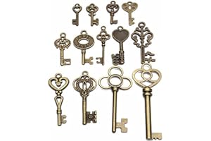 Supkeyer 13Pcs Mixed Vintage Keys Antique VTG Old Brass Skeleton Keys Lot Cabinet Barrel Lock DIY Necklace Pendant for Wedding Party Favor & Birthday Party