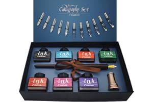 IDEAPOOL Stylos Plume de Calligraphie en Bois Encre Set, 7 Bouteilles d'encre, Fountain Dip Pen avec 12 Plumes, Porte-stylo Bronze et Manuel Pour Débutants