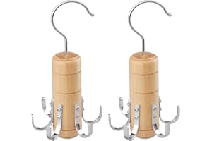 LMSAWK 2 PCS Wooden Belt Hanger, 6 Hooks Scarf Tie Rack, Closet Accessories Organizer, 360 Degree Rotating (Wood Color)