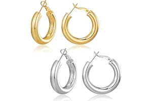 BMMYE Sterling Silver Hoop Earrings for Women, Big Tube Hoops Lightweight Hollow Small Chunky Gold Hoops Earrings Hypoallergenic Thick Silver Hoop Earrings Large Gold Hoops 25/30/40/50/60mm
